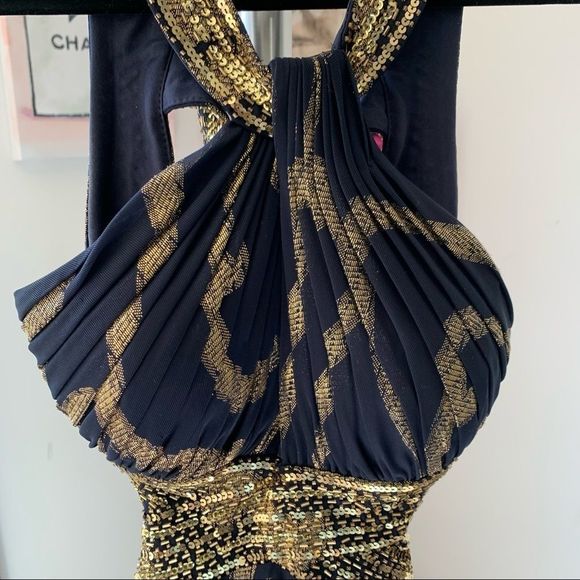 BETSEY & ADAM Open Back Cut Out Dress Blue Gold Size 2 - Picture 2 of 15